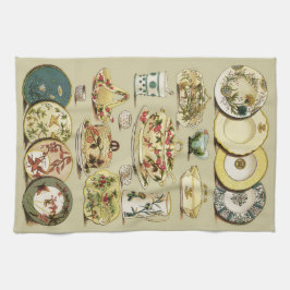 Vintager englischer China-Teller u. dienende Geschirrtuch