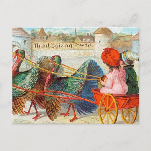 Vintager Erntedank Kinder und Truthühner Postkarte (Vorderseite)