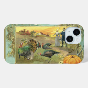 Vintager Erntedank mit Truthühnern und Pilgern iPhone 15 Hülle