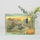 Vintager Erntedank mit Truthühnern und Pilgern Einladung (Stehend Vorderseite)
