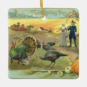 Vintager Erntedank mit Truthühnern und Pilgern Keramikornament (Vorderseite)