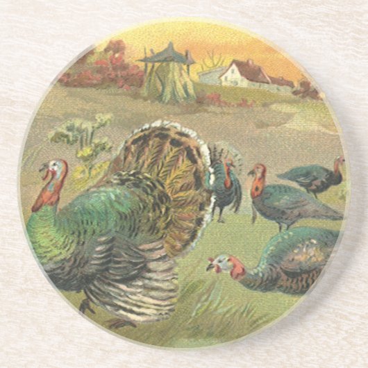 Vintager Erntedank mit Truthühnern und Pilgern Sandstein Untersetzer (Vorne)
