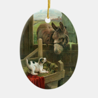 Vintager Esel-u. Welpen-Hund in Krippealtem Keramikornament