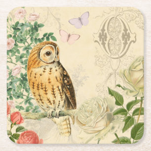 Vintager Eulen-mit BlumenUntersetzer mit schönen Rechteckiger Pappuntersetzer