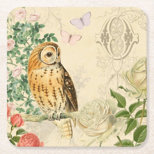 Vintager Eulen-mit BlumenUntersetzer mit schönen Rechteckiger Pappuntersetzer (Vorderseite)