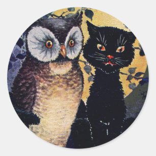 Vintager Eulen-und Katzen-Halloween-Gruß Runder Aufkleber