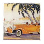 Vintager Familienurlaub in einem Cabrio Fliese (Vorderseite)