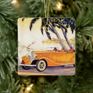 Vintager Familienurlaub in einem Cabrio Keramikornament