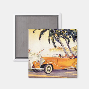 Vintager Familienurlaub in einem Cabrio Magnet