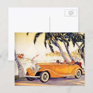 Vintager Familienurlaub in einem Cabrio Postkarte
