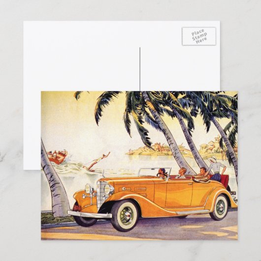 Vintager Familienurlaub in einem Cabrio Postkarte (Vorne/Hinten)