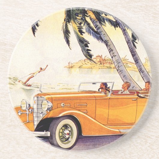 Vintager Familienurlaub in einem Cabrio Sandstein Untersetzer (Vorne)