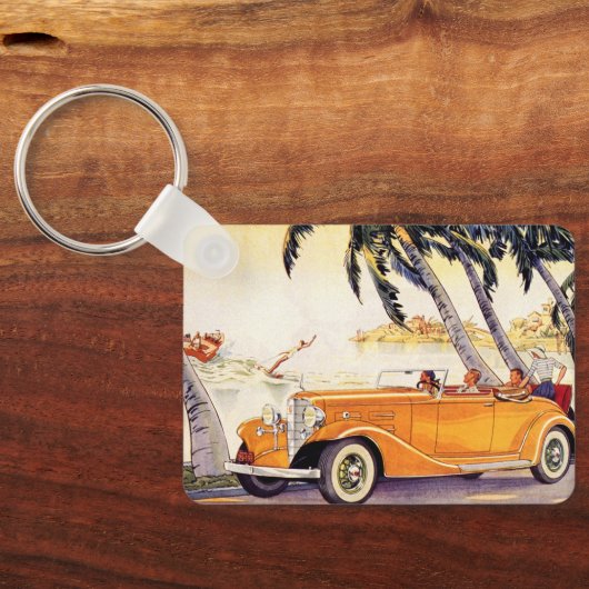 Vintager Familienurlaub in einem Cabrio Schlüsselanhänger (Rückseite)