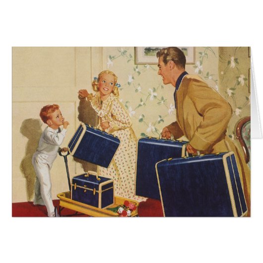 Vintager Familienurlaub, Vater, Kinder und Koffer (Vorderseite (Horizontal))