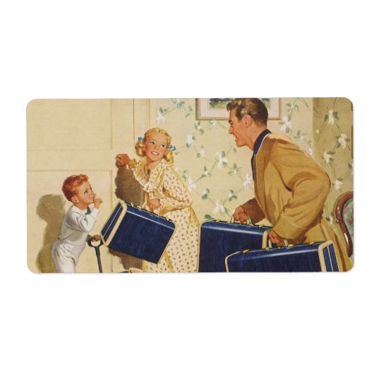 Vintager Familienurlaub, Vater, Kinder und Koffer (Vorne)