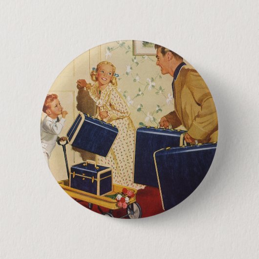 Vintager Familienurlaub, Vater, Kinder und Koffer Button (Vorderseite)