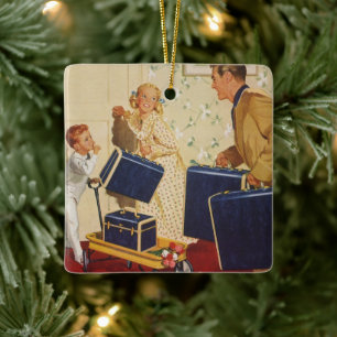 Vintager Familienurlaub, Vater, Kinder und Koffer Keramikornament