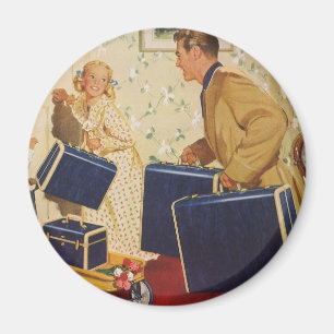 Vintager Familienurlaub, Vater, Kinder und Koffer Magnet