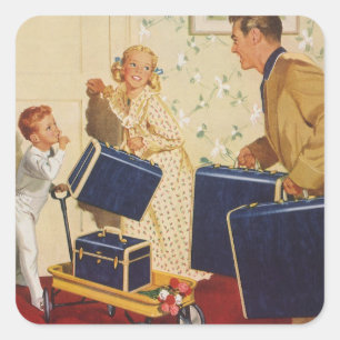 Vintager Familienurlaub, Vater, Kinder und Koffer Quadratischer Aufkleber