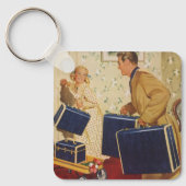 Vintager Familienurlaub, Vater, Kinder und Koffer Schlüsselanhänger (Vorderseite)