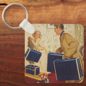 Vintager Familienurlaub, Vater, Kinder und Koffer Schlüsselanhänger (Vorderseite)