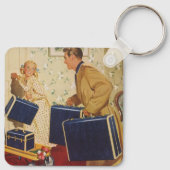 Vintager Familienurlaub, Vater, Kinder und Koffer Schlüsselanhänger (Rückseite)
