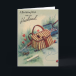 Vintager Fang Husband Geburtstag Karte<br><div class="desc">Vintager Ehemann Geburtstagskarte heißt "Ein Geburtstagswunsch für meinen Mann". Es gibt einen zeichn in sanften Naturtönen wie Blau,  Grün und Rot. Es zeigt einen Korb,  Fliegenfischer,  Angelrute,  Angelschachtel und Angelausrüstung,  die draußen zwischen einem Feld und Blume sitzt.</div>