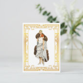 Vintager Fashion Flapper Fur Cape Abend Gown Postkarte (Stehend Vorderseite)