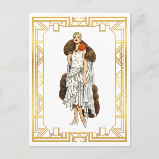 Vintager Fashion Flapper Fur Cape Abend Gown Postkarte (Vorderseite)