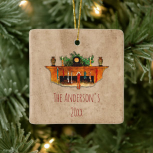 Vintager Feuerplatz Strumpf Holly Cosy Weihnachten Keramikornament