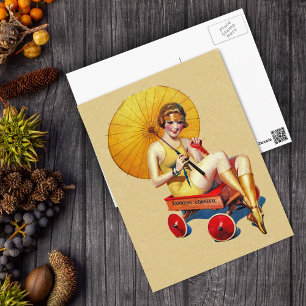 Vintager Flapper Lady Umbrella Wagon Baden aus den Postkarte
