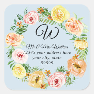 Vintager Floral Monogramm Bleichpfirsichpfirsichfa Quadratischer Aufkleber