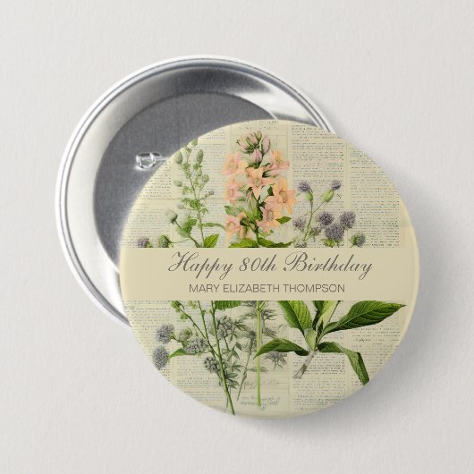 Vintager floraler 80. Geburtstag Button (Vorne & Hinten)