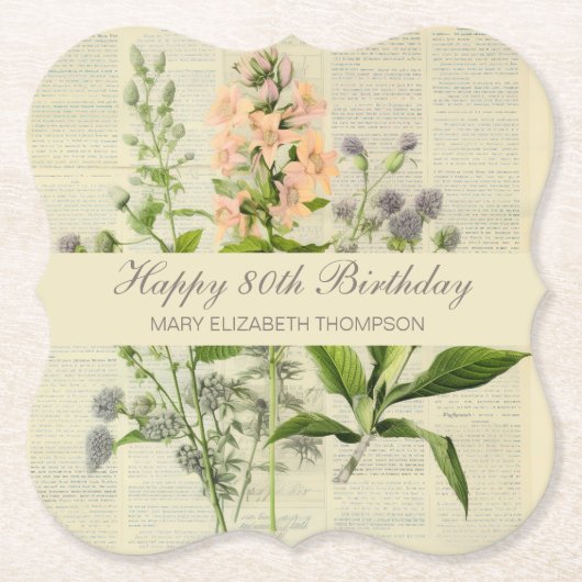 Vintager floraler 80. Geburtstag Untersetzer (Vorderseite)