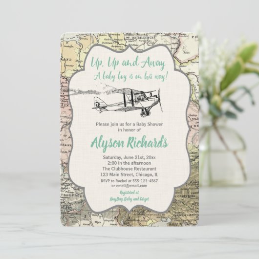 Vintager Flugplatz Babydusche Reiseplan Einladung (Stehend Vorderseite)