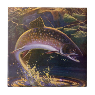 Vintager Forellenfisch Fischer, Sportfischerei Fliese