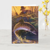 Vintager Forellenfisch Fischer, Sportfischerei Karte (Gelbe Blume)