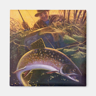 Vintager Forellenfisch Fischer, Sportfischerei Magnet
