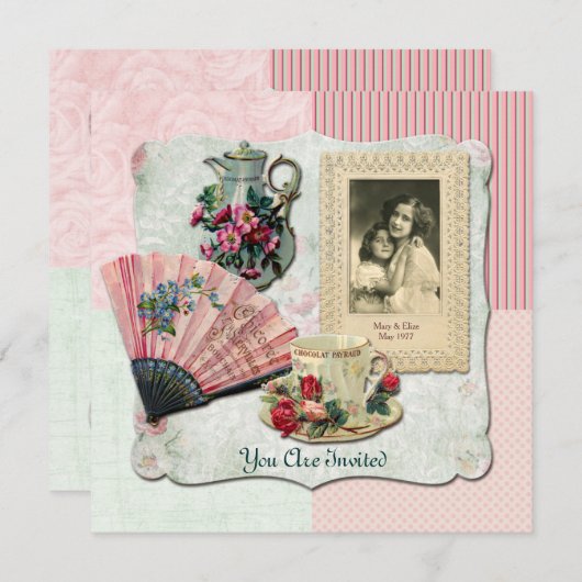 Vintager französischer Blumenkohl-Teakup-Rahmen Einladung (Vorne/Hinten)