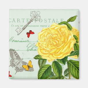 Vintager französischer Blumenmagnet mit gelber Ros Magnet
