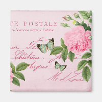 Vintager französischer Blumenmagnet mit rosa Rosa