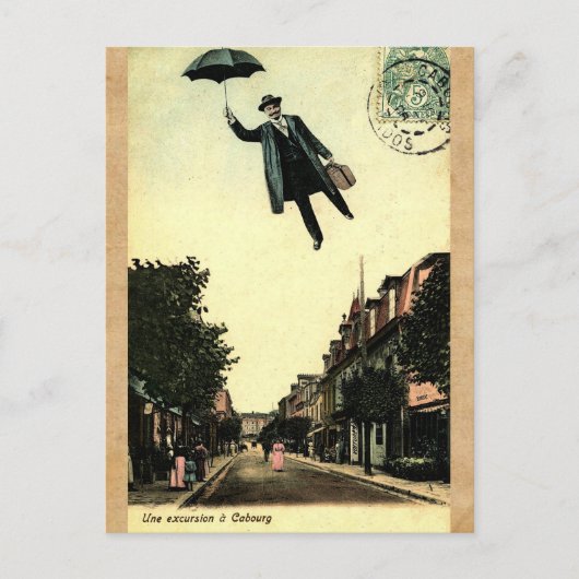 Vintager französischer Chic Umbrella Flying Man Postkarte (Vorderseite)