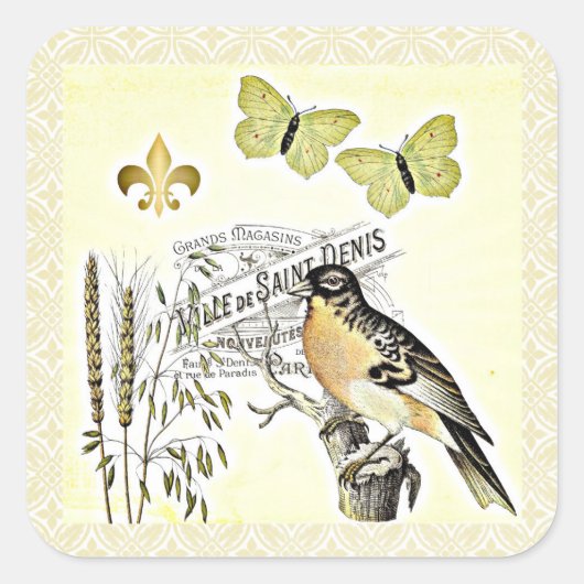 Vintager französischer Collage Bird Butterfly Fleu Quadratischer Aufkleber (Vorderseite)