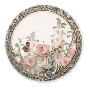 Vintager Französischer Garten Schwarzes Rosa Blum Keramikknauf