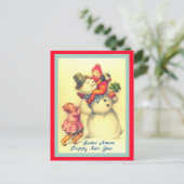 Vintager französischer Neujahrsschneemann mit Kind Postkarte (Stehend Vorderseite)