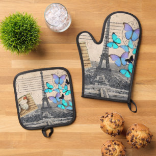 Vintager französischer Reisebutterfly Paris Eiffel Ofenhandschuh & Topflappen-Set