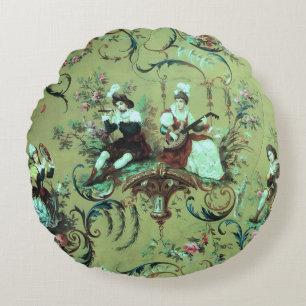 Vintager französischer Sage Green Toile Viktoriani Rundes Kissen