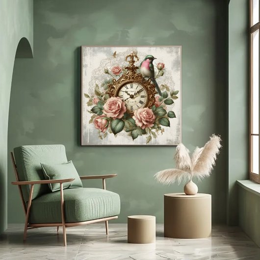 Vintager französischer Shabby Chic Clock Rose Bird Poster
