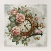 Vintager französischer Shabby Chic Clock Rose Bird Puzzle (Horizontal)