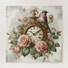 Vintager französischer Shabby Chic Clock Rose Bird Puzzle